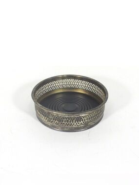 Vintage Italian Silver Plated Wine Coaster with Faux Wood Base and Pierced Sides
